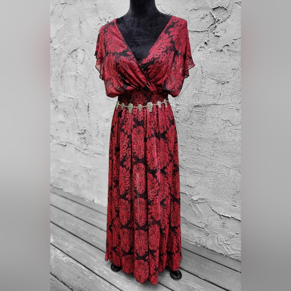 Alexa B Dresses & Skirts - Gothic Long Red & Black Paisley Print Flutter Sleeve Faux Wrap Dress